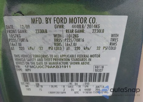 2010 Ford Escape Xls из США, поврежденный, VIN 1FMCU0C79AKB31911
